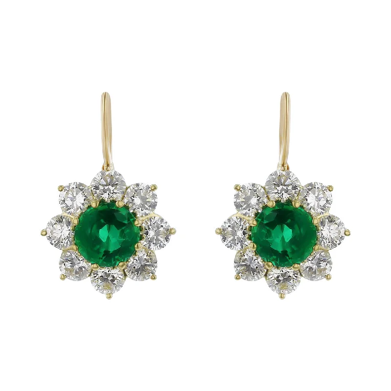 Gold Earrings-Zambian Emerald and Diamond Halo Drop Earrings