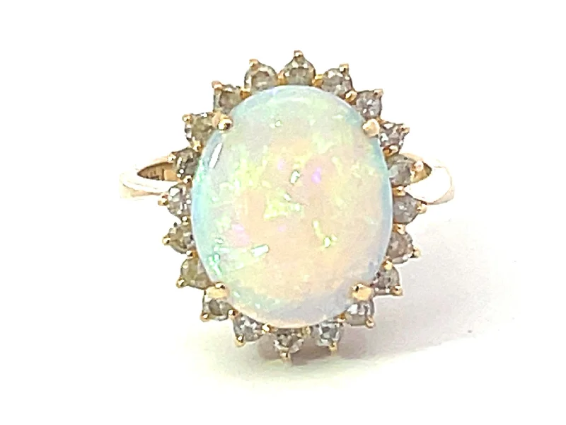 Band Rings-Opal and Diamond Halo Ring in 14k Yellow Gold