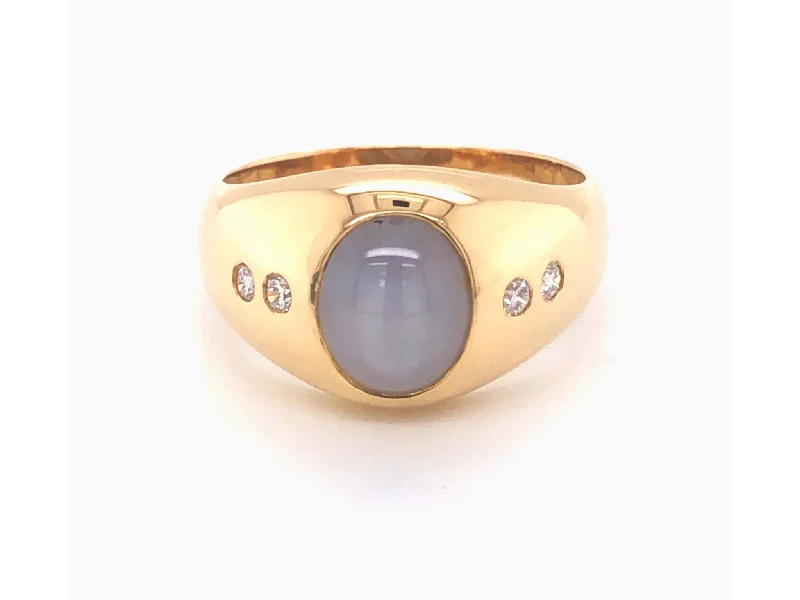 Simple Rings-Star Sapphire and Diamond Pinky Ring - 18k Yellow Gold