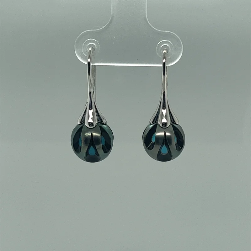 Timeless Earrings-Galatea Black South Sea Pearl and Turquoise Dangle Earrings