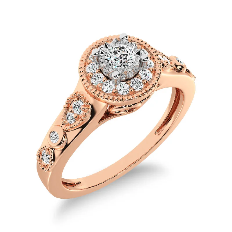 Double Rings-10K Rose Gold Diamond 1/5 Ct.Tw. Milgrain detail Halo Engagement Ring