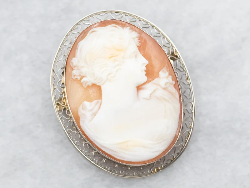 Brooch for Coat-White Gold Cameo Brooch with Filigree Frame