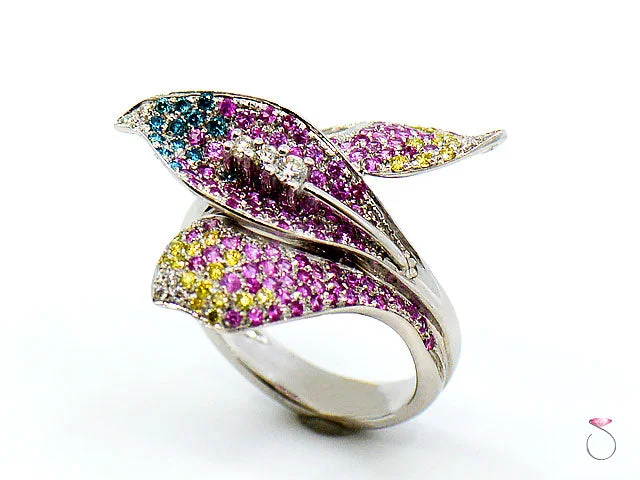 Wedding Bands for Women-Pink Sapphire & Multi Color Diamond Designer Floral 18K Ring