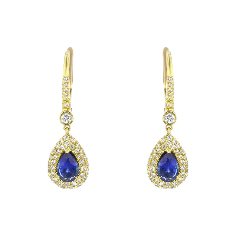 Hanging Earrings-Sapphire and Diamond Halo Drop Earrings