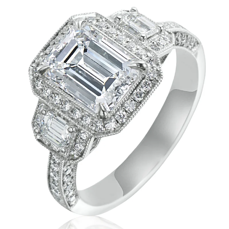 Fancy Rings for Women-Emerald Cut 2.10 Carat Diamond Three Stone Halo White Gold Engagement Ring