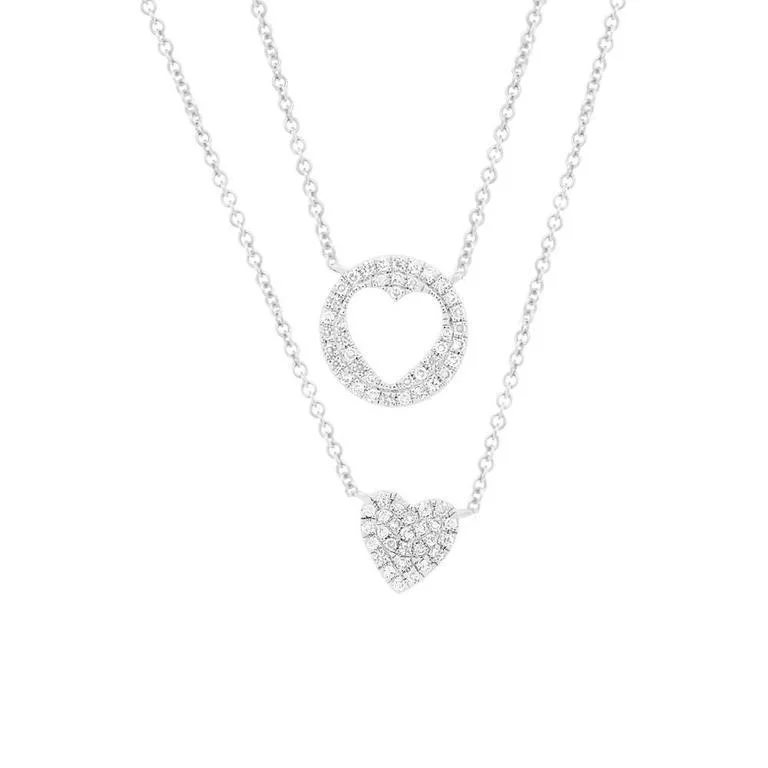 Simple Gold Necklaces-14K White Gold Diamond Double Heart Necklace