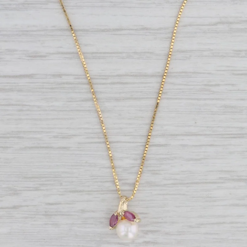 Heart-Shaped Necklaces-Cultured Pearl Ruby Pendant Necklace 14k Yellow Gold 15.75" Box Chain