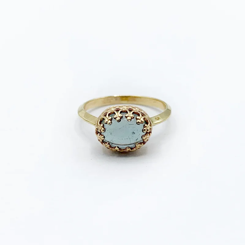 Wide Band Rings-Soft Blue Tourmaline Surrounded by Golden Stars