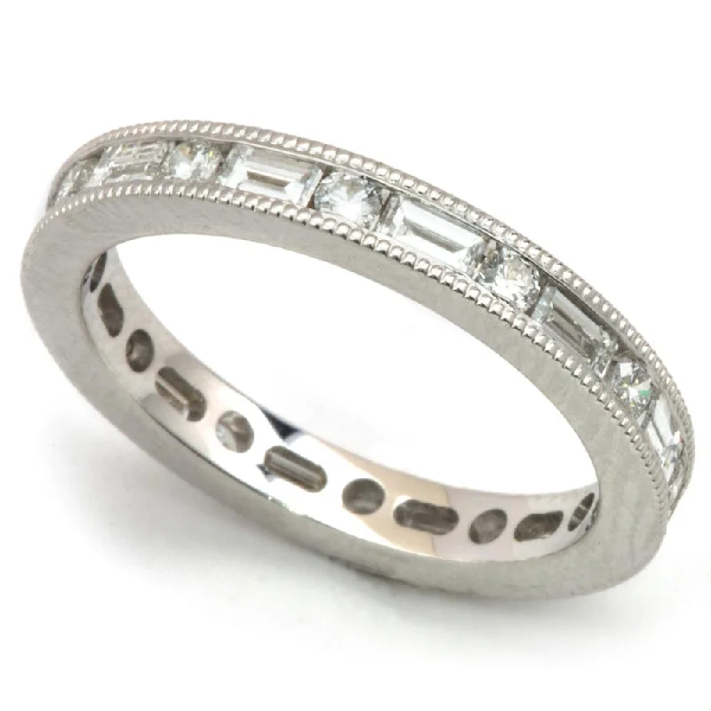 Art Deco Rings-Round & Baguette Diamond Alternating Eternity Channel Set 18K Wedding Band Ring