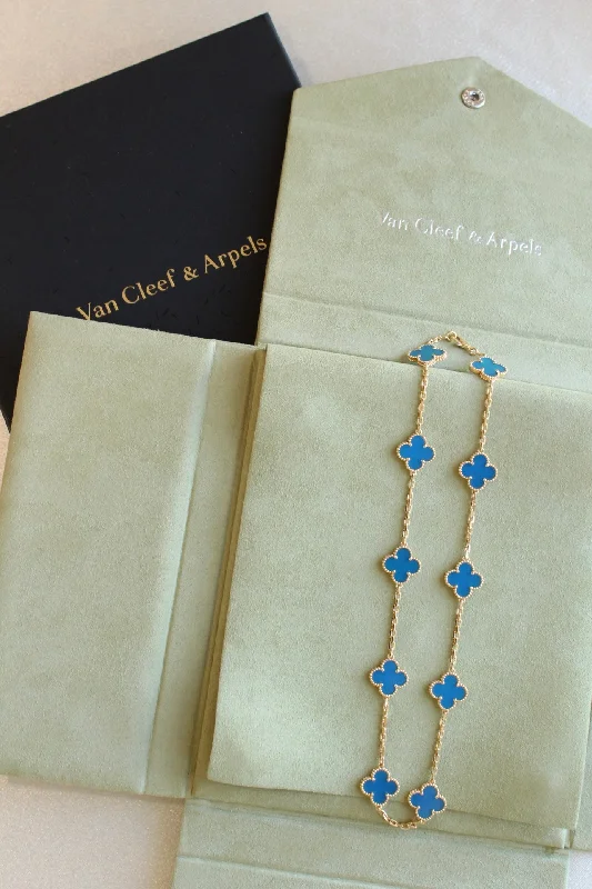 Luxury Silver Necklaces-Van Cleef Arpels VCA Alhambra Blue Agate Clover Necklace 18k Gold 16.5" Box