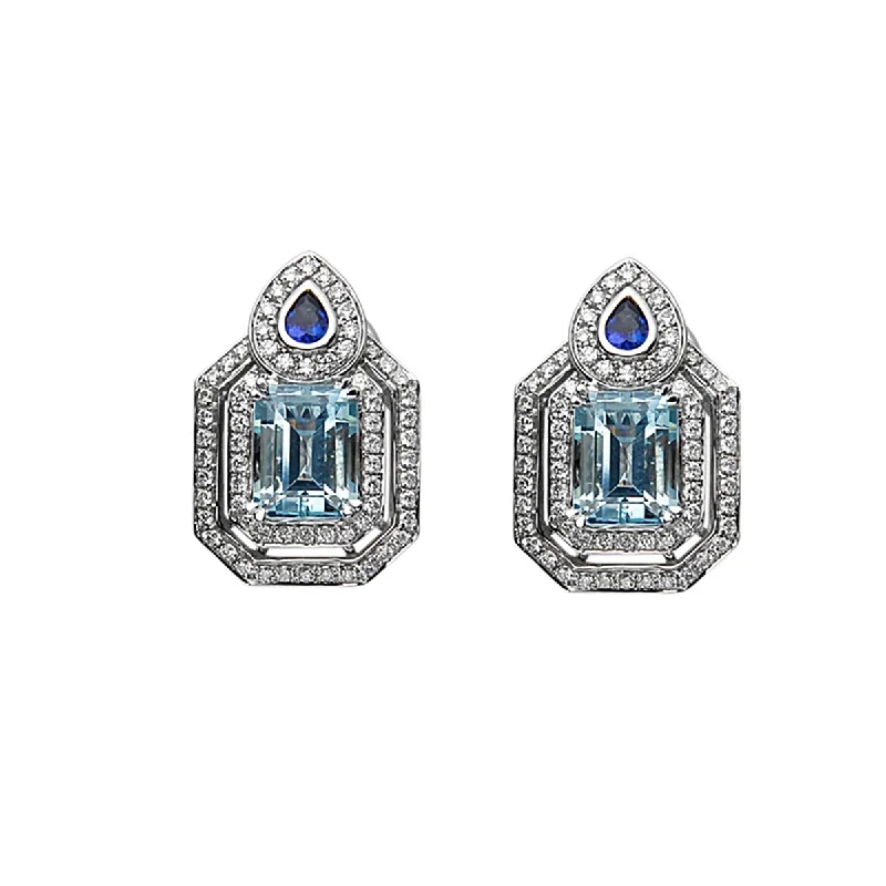 Feather Earrings-Aquamarine and Diamond Halo Earrings with Sapphires in 18K White Gold