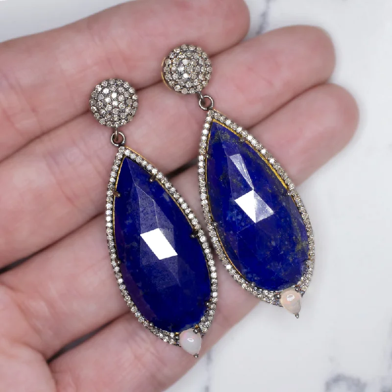 Modern Silver Earrings-NATURAL LAPIS DIAMOND EARRINGS STATEMENT DROP DANGLE PEAR TEARDROP BLUE BIG LONG