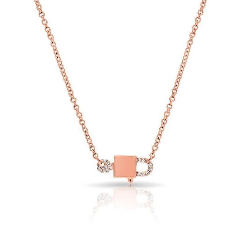 Gold Chain Necklaces-14K Rose Gold Diamond Lock & Key Necklace