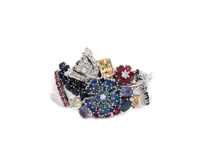 Slim Bangles-14.25ctw Multicolored Sapphires and 1.00ctw Diamond Flower Bangle Bracelet in14K