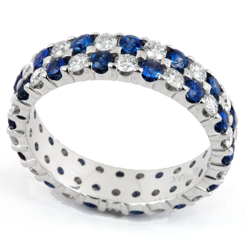 Geometric Rings-Diamond & Sapphire Double Row Alternating Eternity Wedding Band Ring 18K