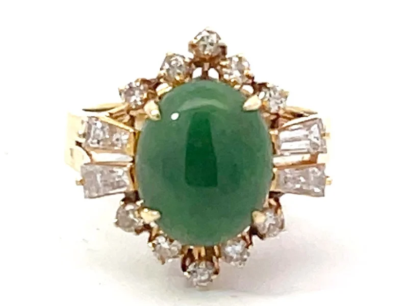 Vintage Wedding Rings-Round Brilliant and Baguette Diamond Halo Dark Green Jade Ring 14K Yellow Gold