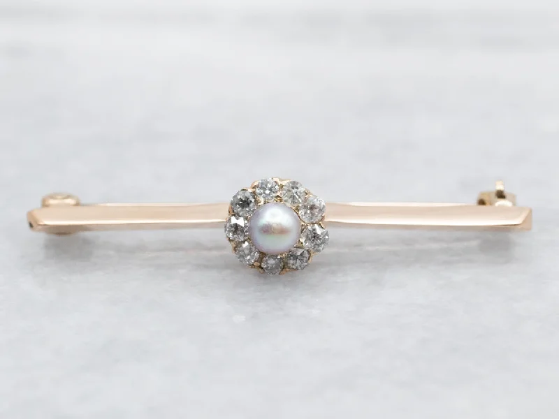 Pearl Brooch-Pearl and Diamond Halo Bar Brooch