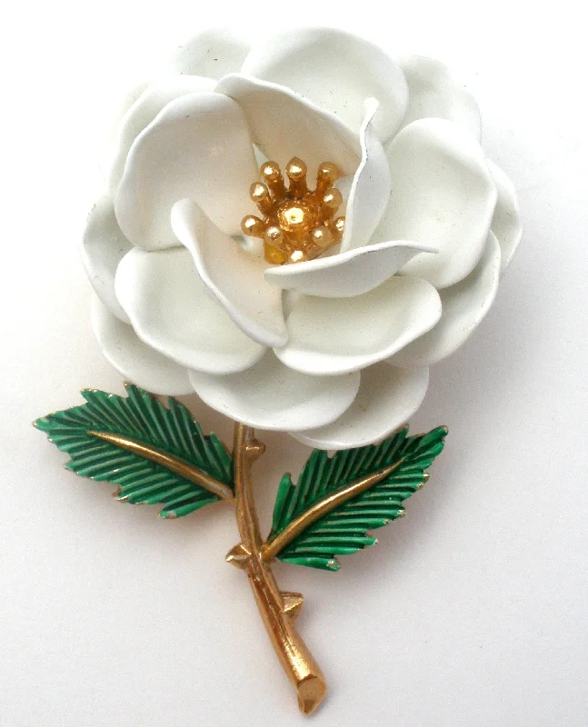 Beautiful Floral Brooch-Crown Trifari White Enamel Flower Brooch Pin