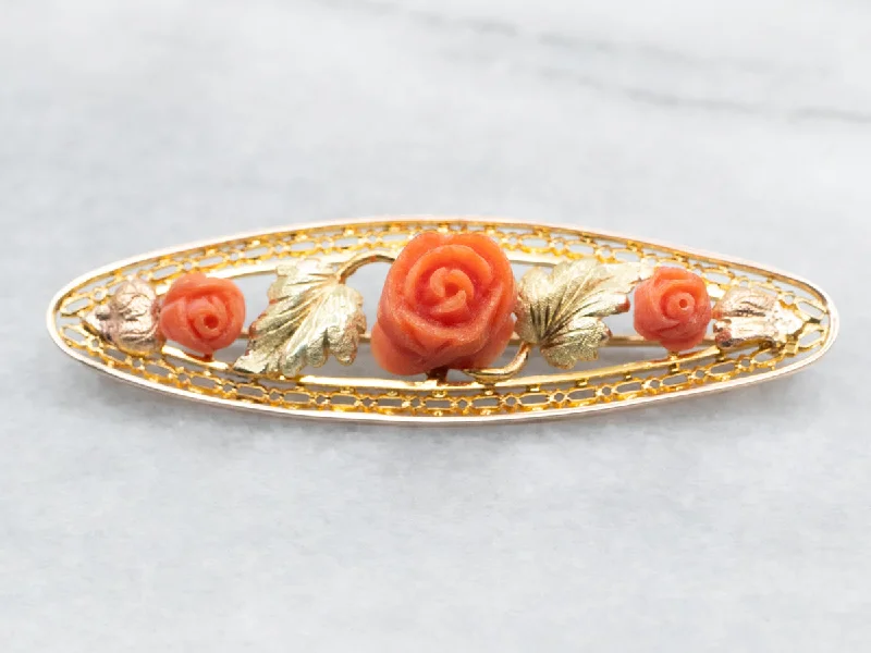 Enamel Flower Brooch-Lovely Carved Coral Flower Brooch