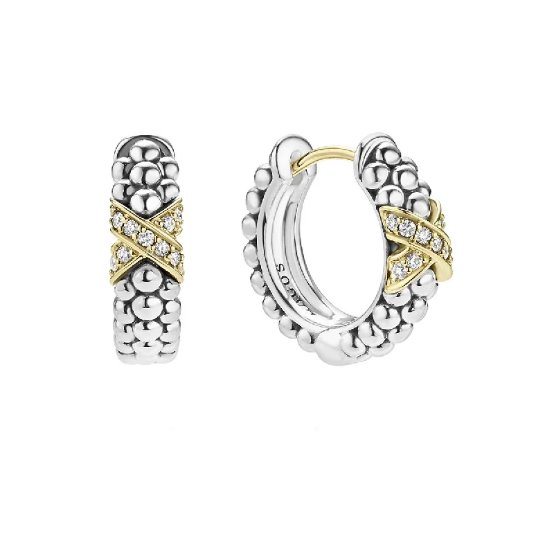 Patterned Earrings-Embrace Diamond X Huggie Hoop Earrings in Sterling Silver and 18K Yellow Gold