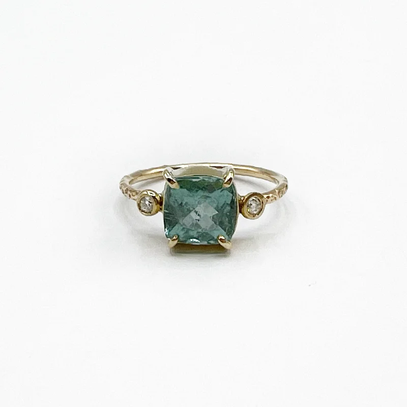 Luxury Sapphire Rings-Cushion Cut Watery Emerald and Diamond Ring