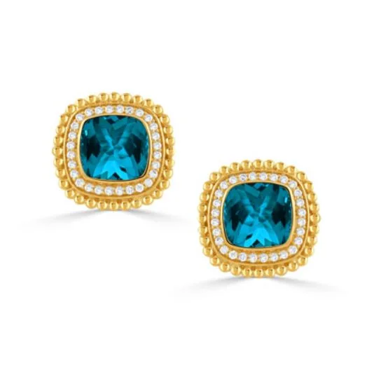 Heart Earrings-Justinian 2.15Ct Blue Topaz and 0.24Ct Diamond Halo Stud Earrings in 18k Yellow Gold