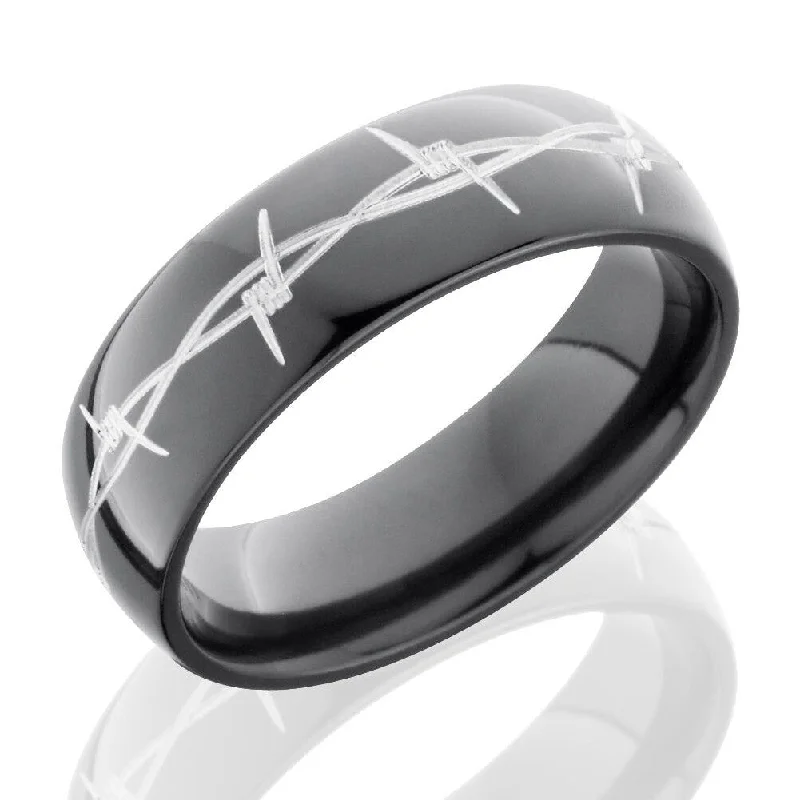 Wedding Bands for Women-Lashbrook 7mm Black Zirconium Domed Men's Wedding Band Ring with Barbed Wire Pattern