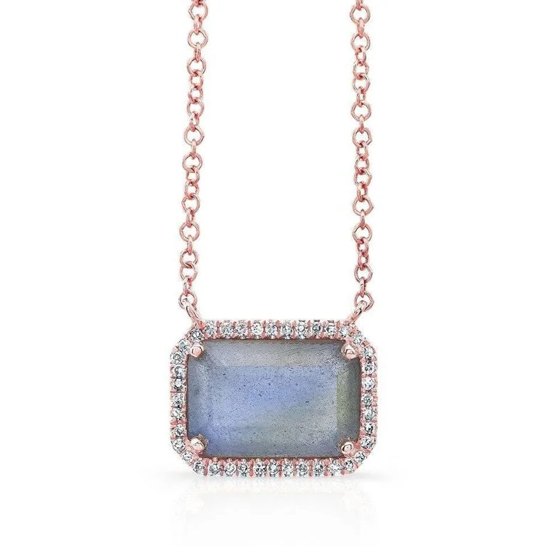 Handcrafted Necklaces-14K Rose Gold Rectangle Labradorite Diamond Necklace