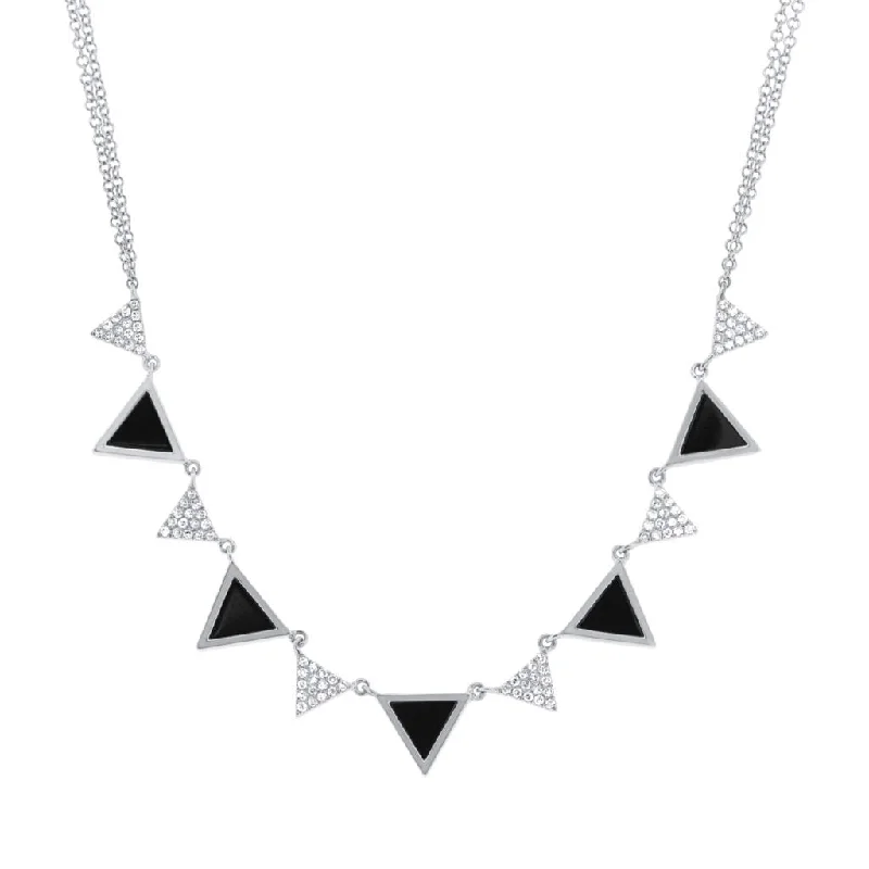 Bridal Necklaces-14K White Gold Diamond and Onyx Triangle Necklace