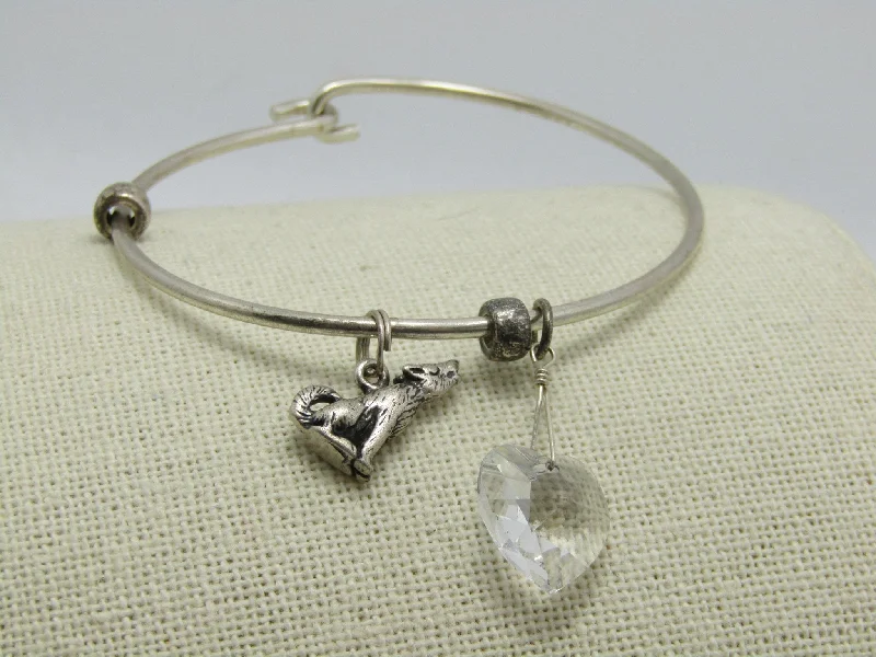 Luxury Bangles-Sterling Silver Wolf & Heart Bangle Charm Bracelet, Hook Clasp, 6.75", 2mm