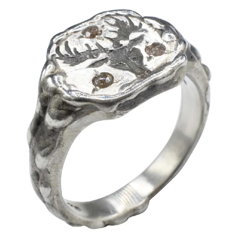 Couples Rings-Men’s Signet Ring Deer Head Diamond Brown Rose Cut Sterling Silver Ring