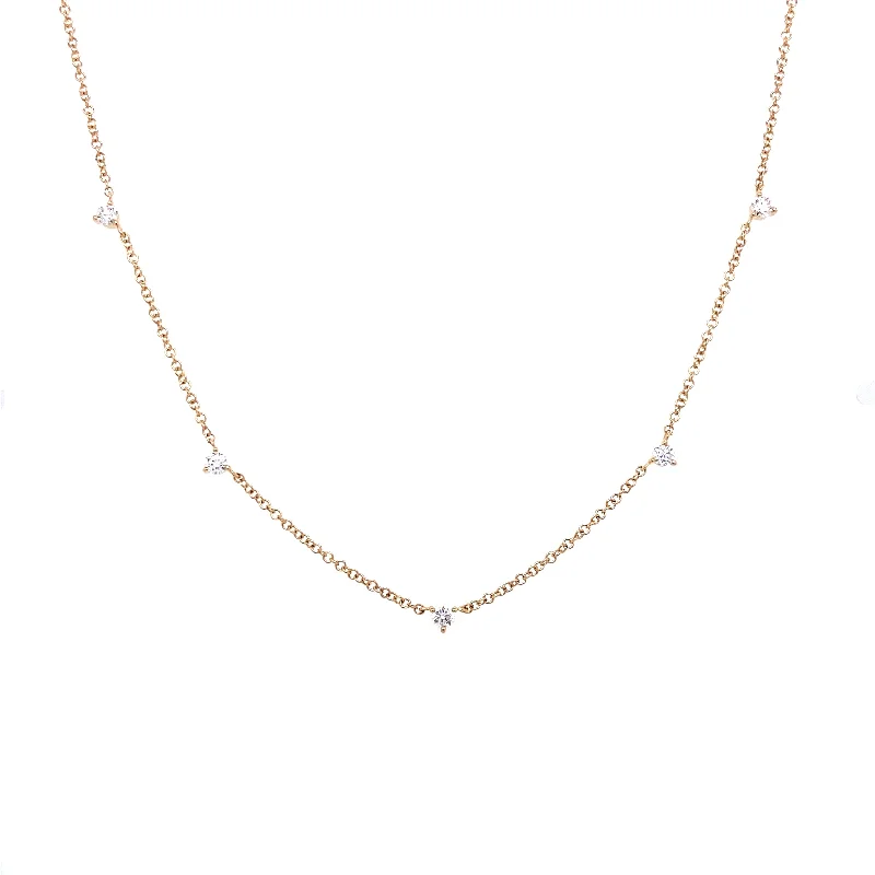 Vintage Gold Necklaces-14K Yellow Gold Three Prong Diamond Station Necklace