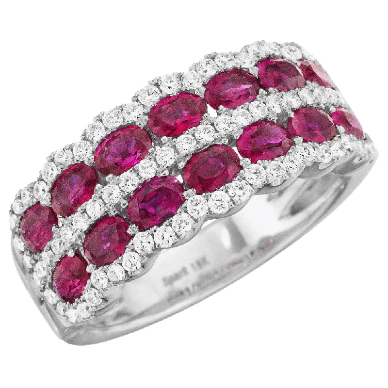 Designer Rings-Oval Ruby & Diamond Scalloped Wedding Band Stackable Ring 18K