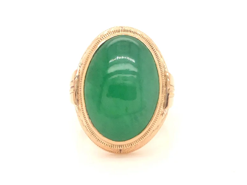 Topaz Rings-Vintage Men's Oval Cabochon Green Jade Ring - 14k Yellow Gold