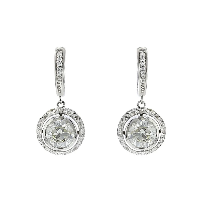 Luxury Pearl Earrings-Edwardian Platinum Bezel Set Diamond Drop Earrings