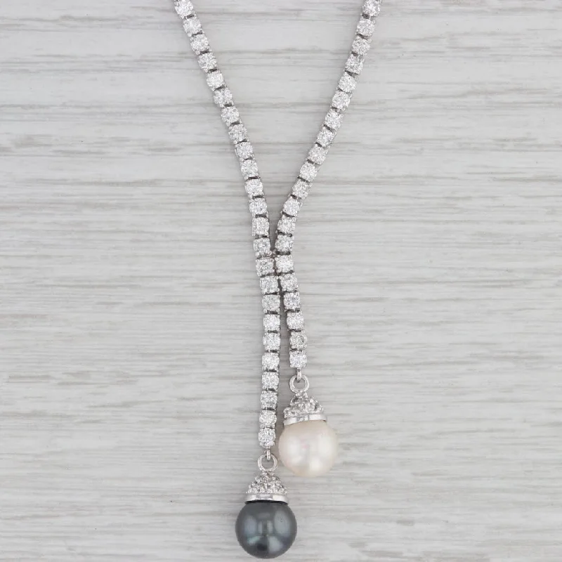 Gemstone Pendant Necklaces-3.90ctw Diamond Tennis Black White Cultured Pearl Lariat Necklace 14k White Gold