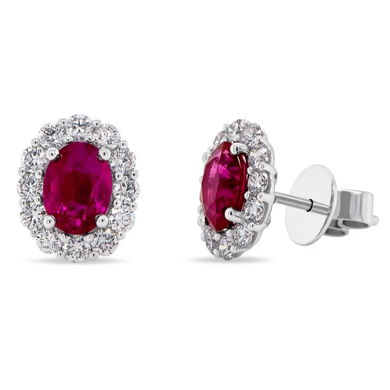 Statement Hoop Earrings-24 0.80ct Round Diamonds and 2 1.53ct Oval Ruby earrings in 18K White Gold