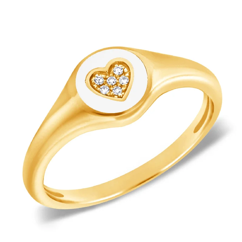 Thin Rings-Heartfelt Pinky Ring with White Enamel and Diamonds in 14K Gold