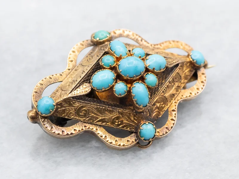 Fashion Brooch for Dress-Yellow Gold Turquoise Brooch with Etched Botanical Details