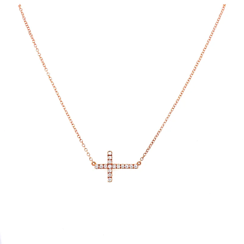 Charm Pendant Necklaces-14K Rose Gold Diamond Sideways Cross Necklace