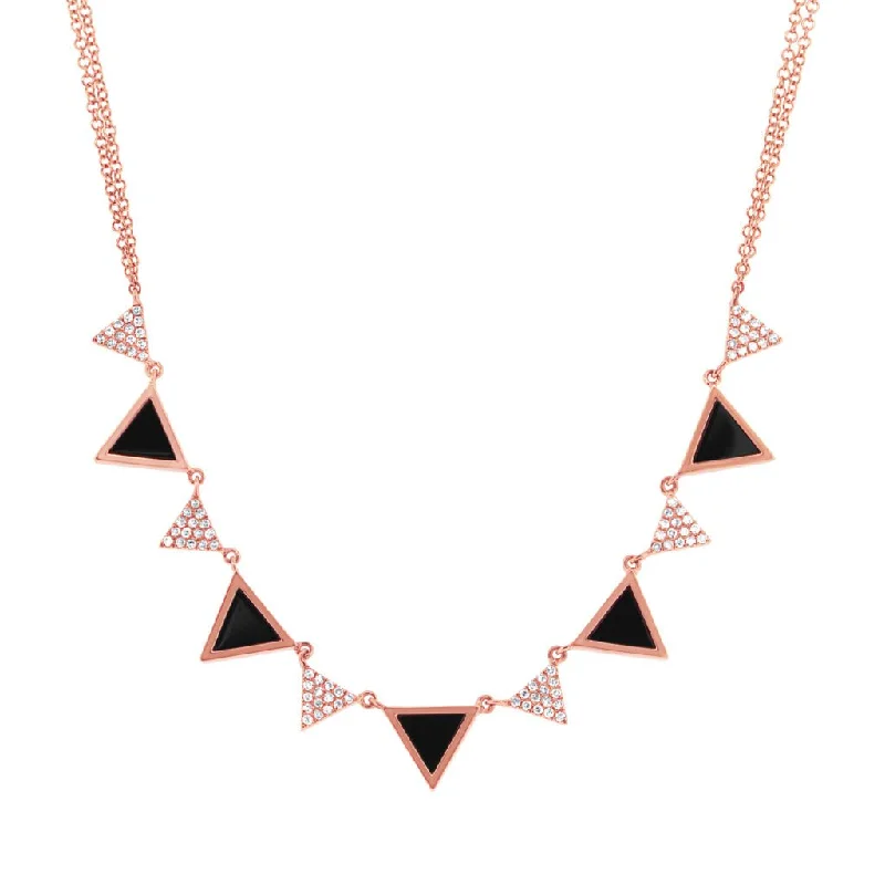 Fancy Necklaces-14K Rose Gold Diamond and Onyx Triangle Necklace