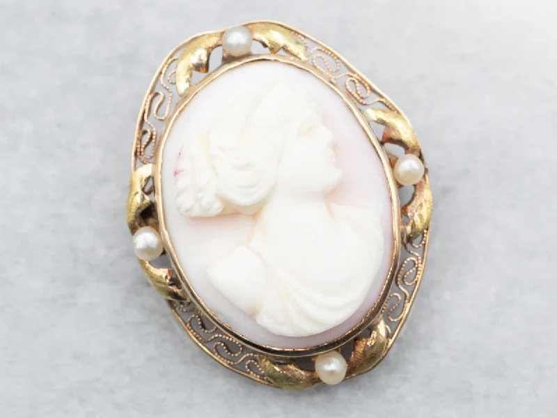 Nature Brooch-Antique Pink Shell Cameo Seed Pearl Brooch or Pendant