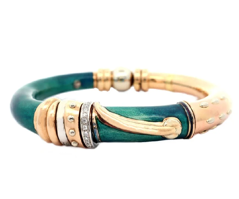 Adjustable Gold Bangles-La Nouvelle Bague Diamond and Teal Enamel Bangle Bracelet in 18K