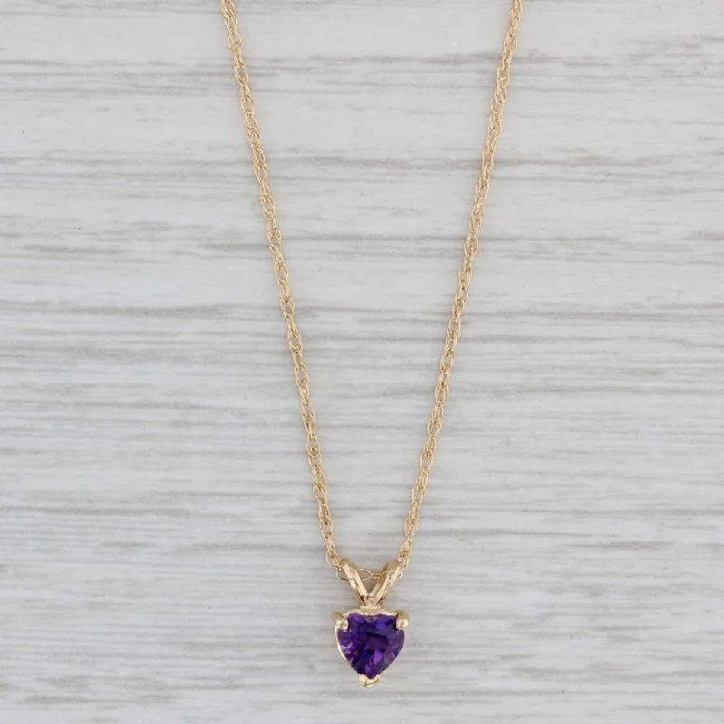 Crystal Pendant Necklaces-0.40ct Small Amethyst Heart Pendant Necklace 14k Yellow Gold 18" Rope Chain