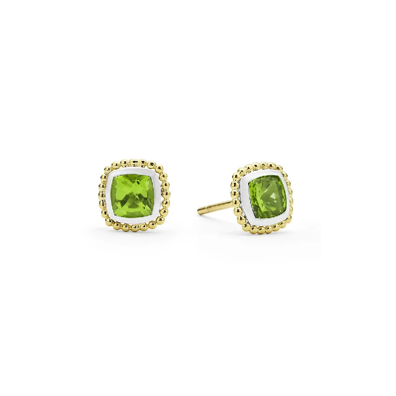 Blue Earrings-Rittenhouse Cushion Peridot Stud Earrings in Sterling Silver and 18K Yellow Gold, 7mm