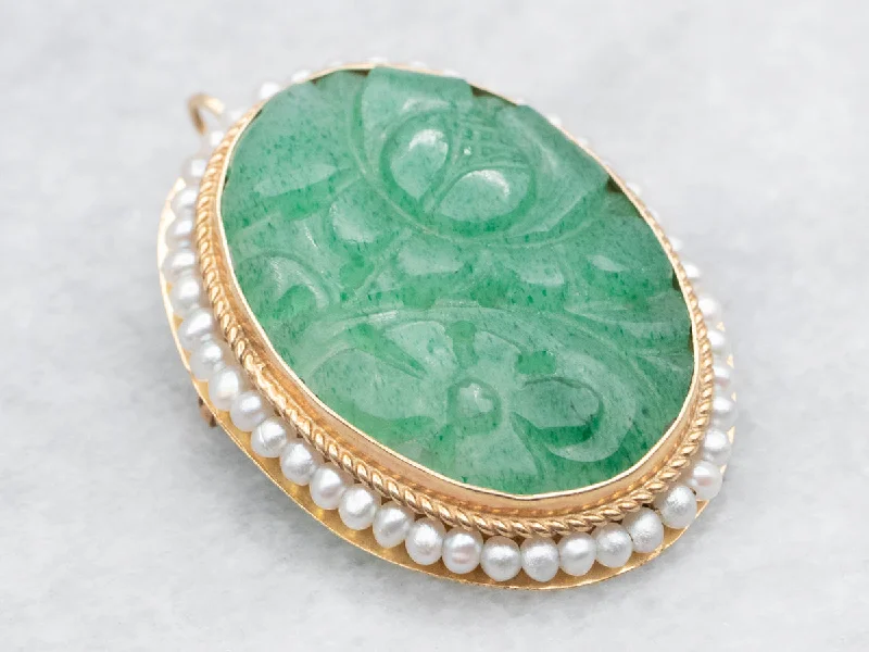 Elegant Crystal Brooch Pin-Carved Jadeite and Seed Pearl Brooch or Pendant