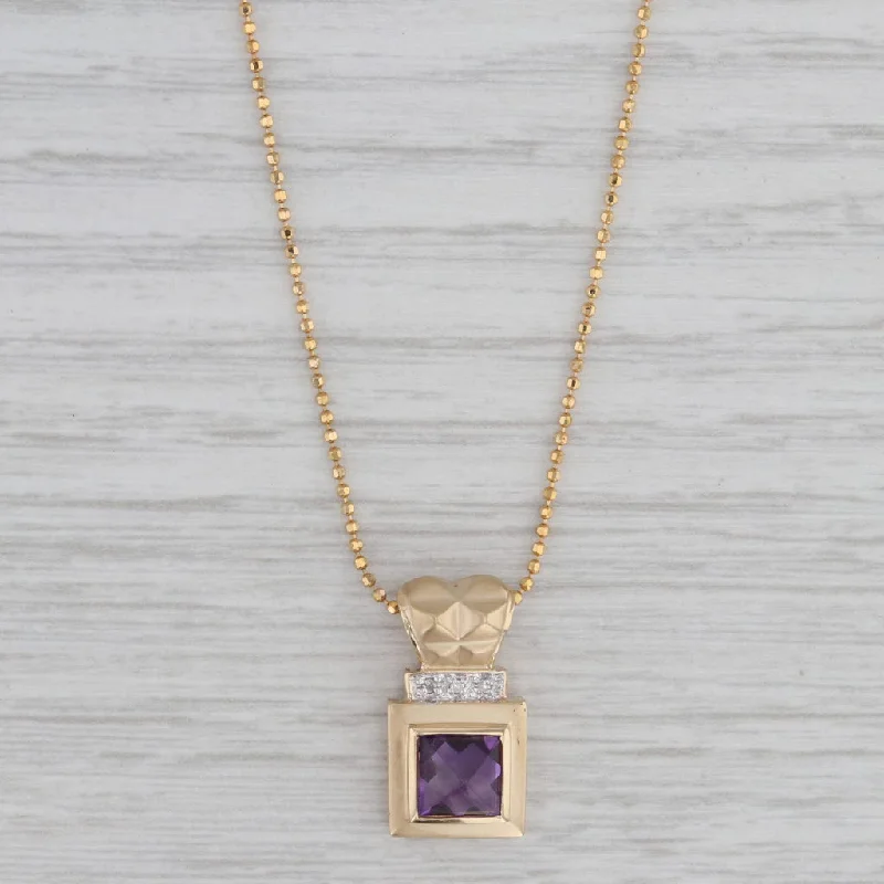 Heart Necklaces-1.24ct Amethyst Diamond Pendant Necklace 14k Yellow Gold 17.75" Bead Chain