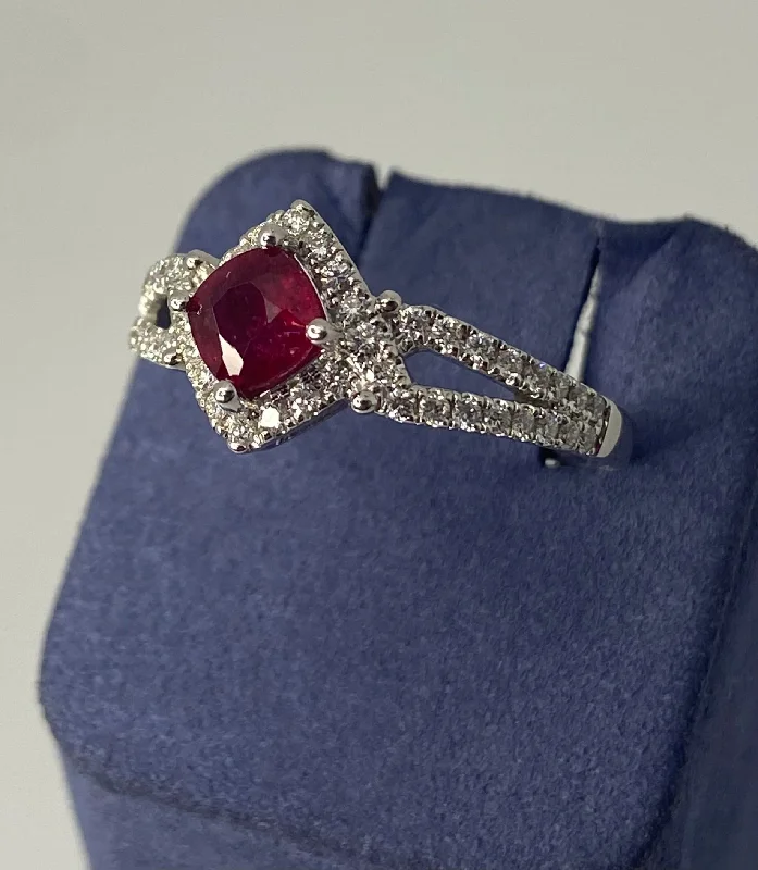 Statement Diamond Rings-White Gold Cushion-Cut Natural Ruby and Diamond Ring