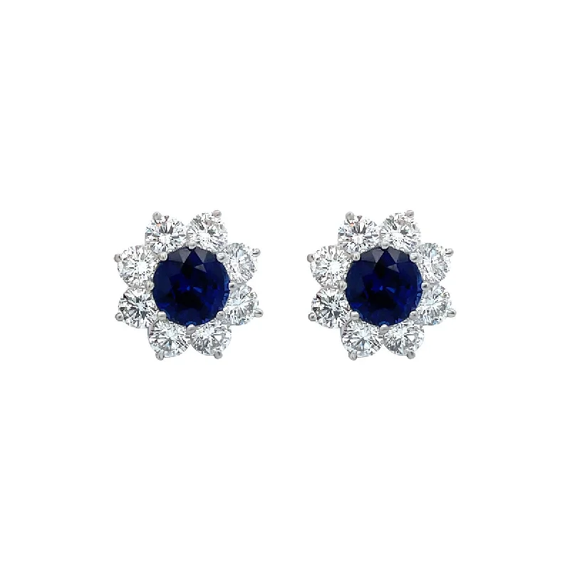 Gemstone Earrings-Sapphire and Diamond Flower Stud Earrings