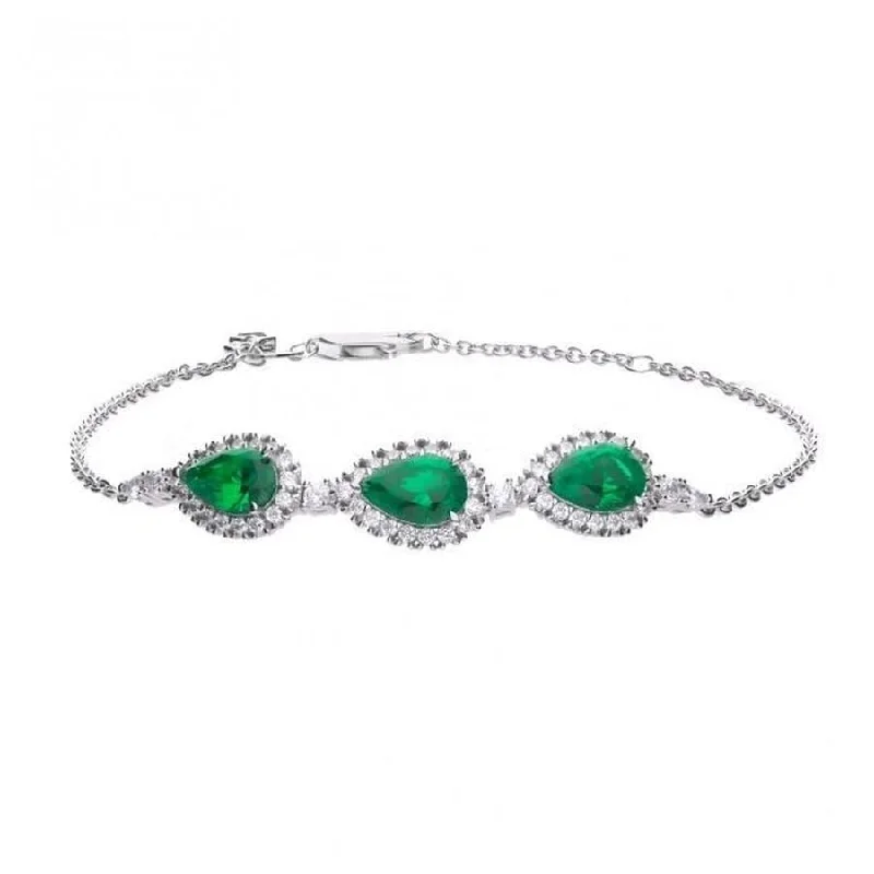 Simple Bracelets-Silver Pear Shaped Green & White Cubic Zirconia Cluster Bracelet